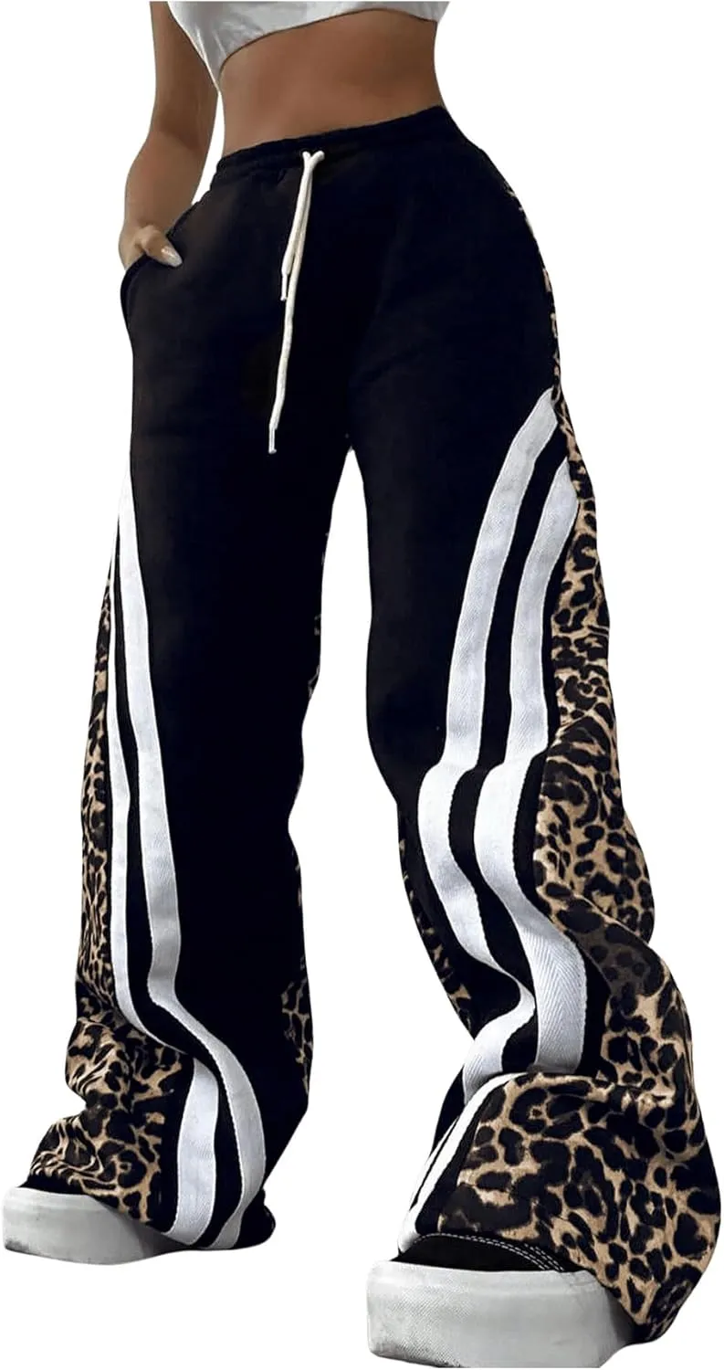 GORGLITTER Women's Leopard Print Drawstring Waist Pants Cheetah Striped Wide Leg Pants Streetwear