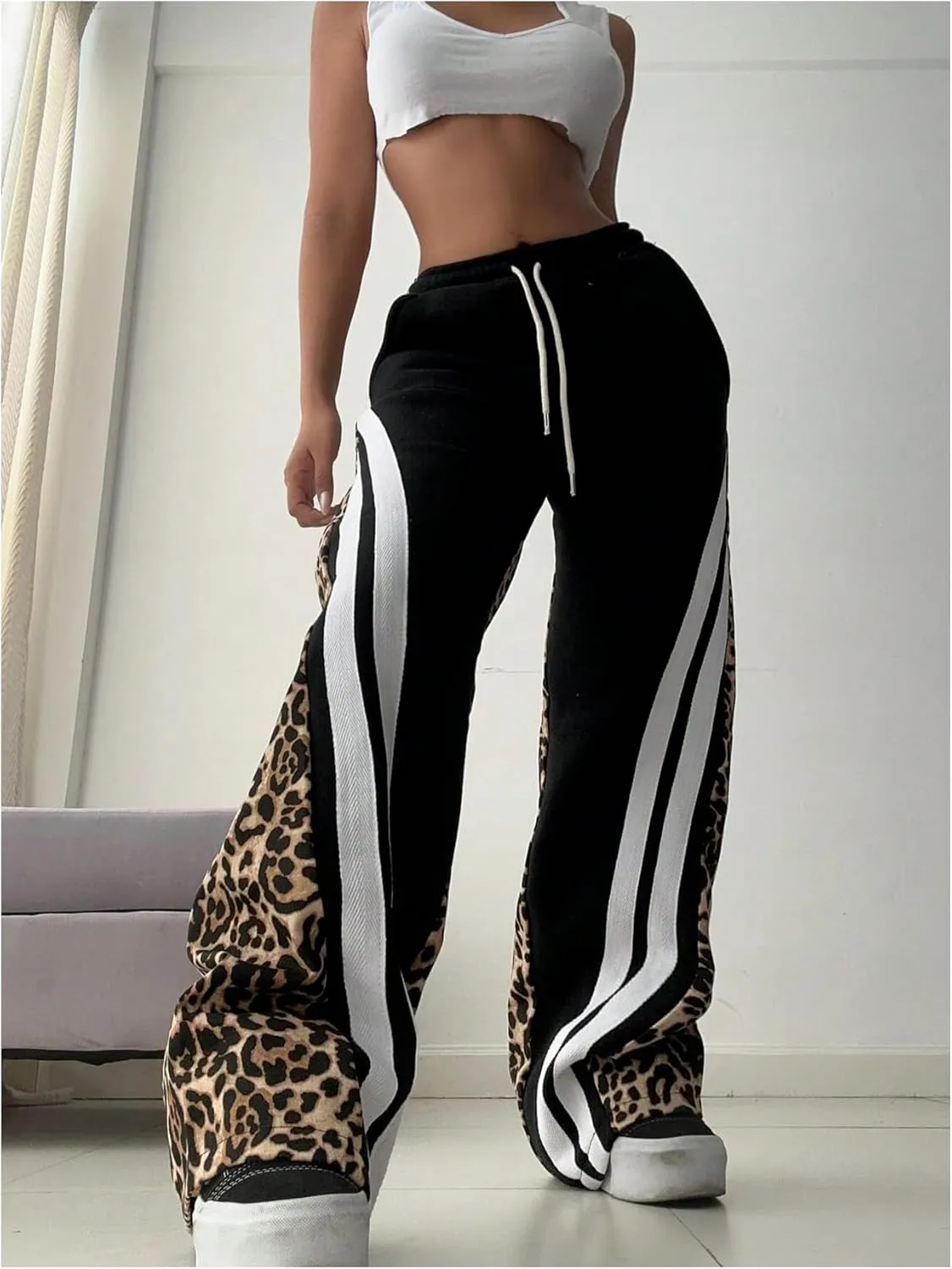 GORGLITTER Women's Leopard Print Drawstring Waist Pants Cheetah Striped Wide Leg Pants Streetwear