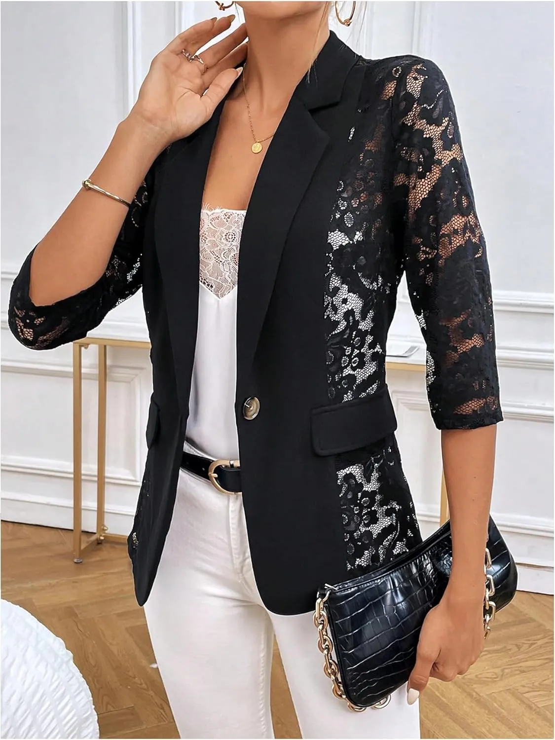 GORGLITTER Women's Sheer Lace Jacket Blazer Long Sleeve Open Front Button Casual Business Bolero Jacket