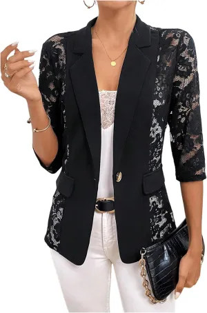 GORGLITTER Women's Sheer Lace Jacket Blazer Long Sleeve Open Front Button Casual Business Bolero Jacket