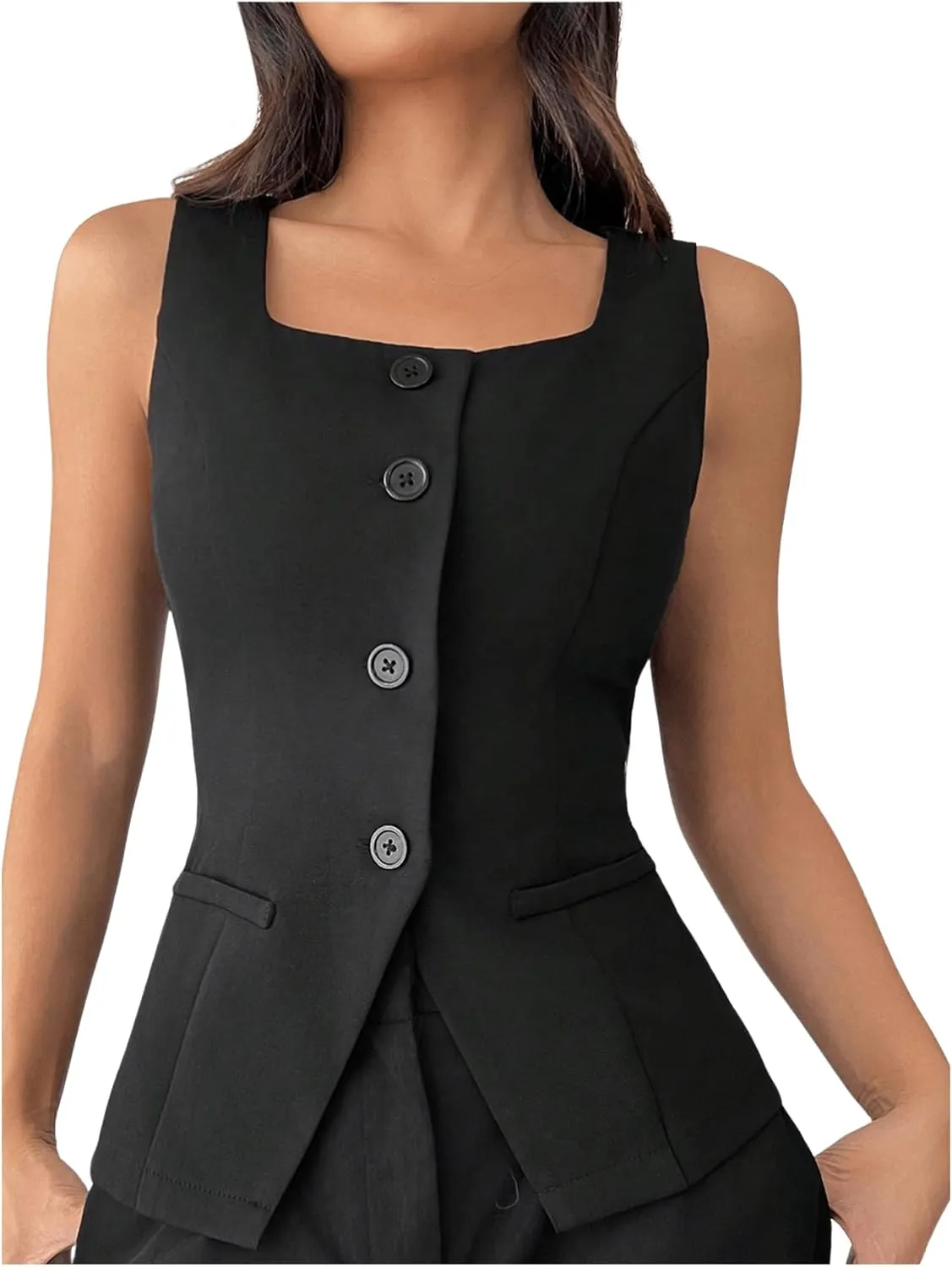 GORGLITTER Women's Sleeveless Blazer Vest Button Down Business Dressy Long Suit Vest