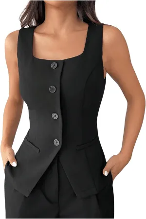 GORGLITTER Women's Sleeveless Blazer Vest Button Down Business Dressy Long Suit Vest
