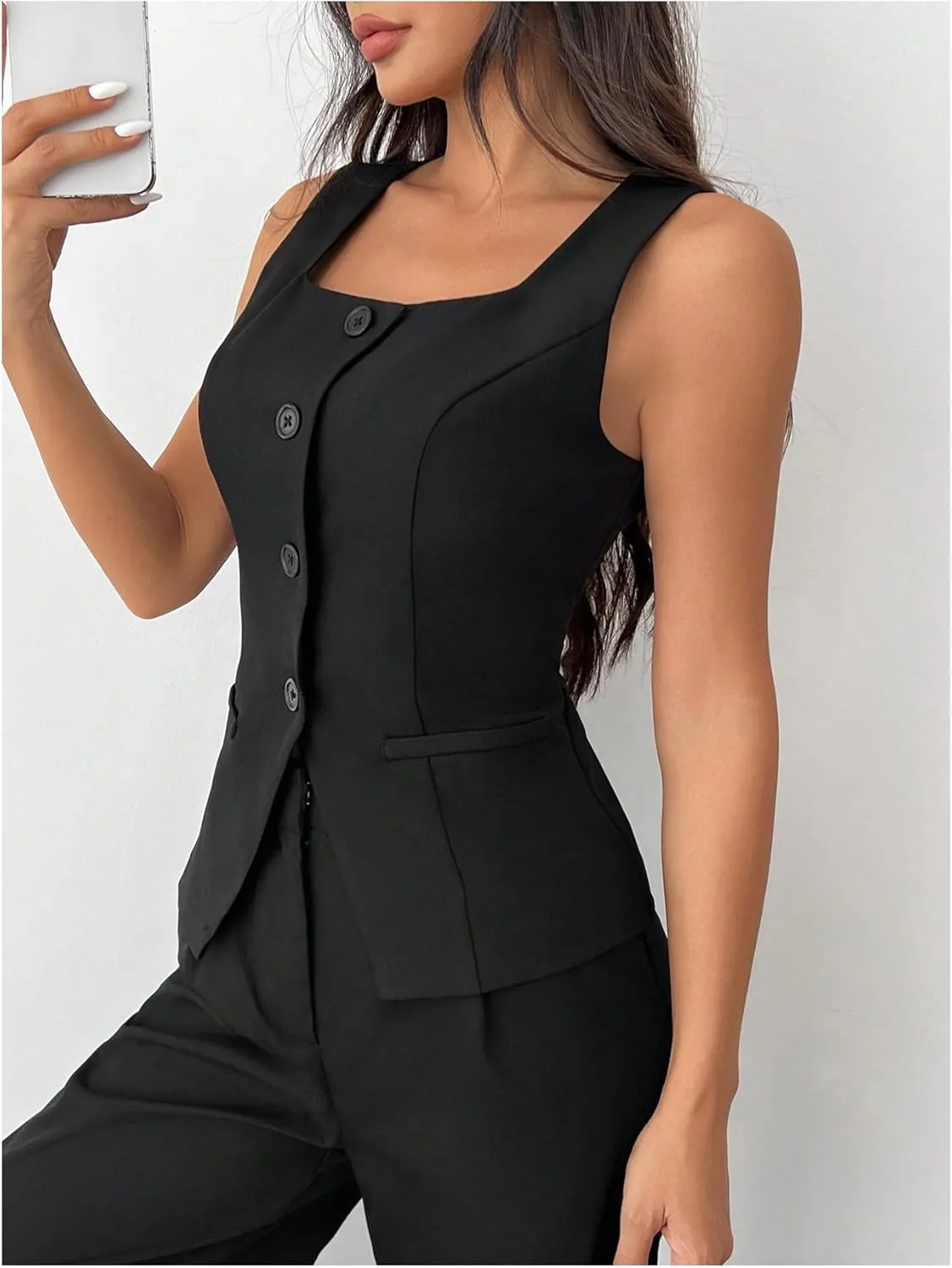 GORGLITTER Women's Sleeveless Blazer Vest Button Down Business Dressy Long Suit Vest