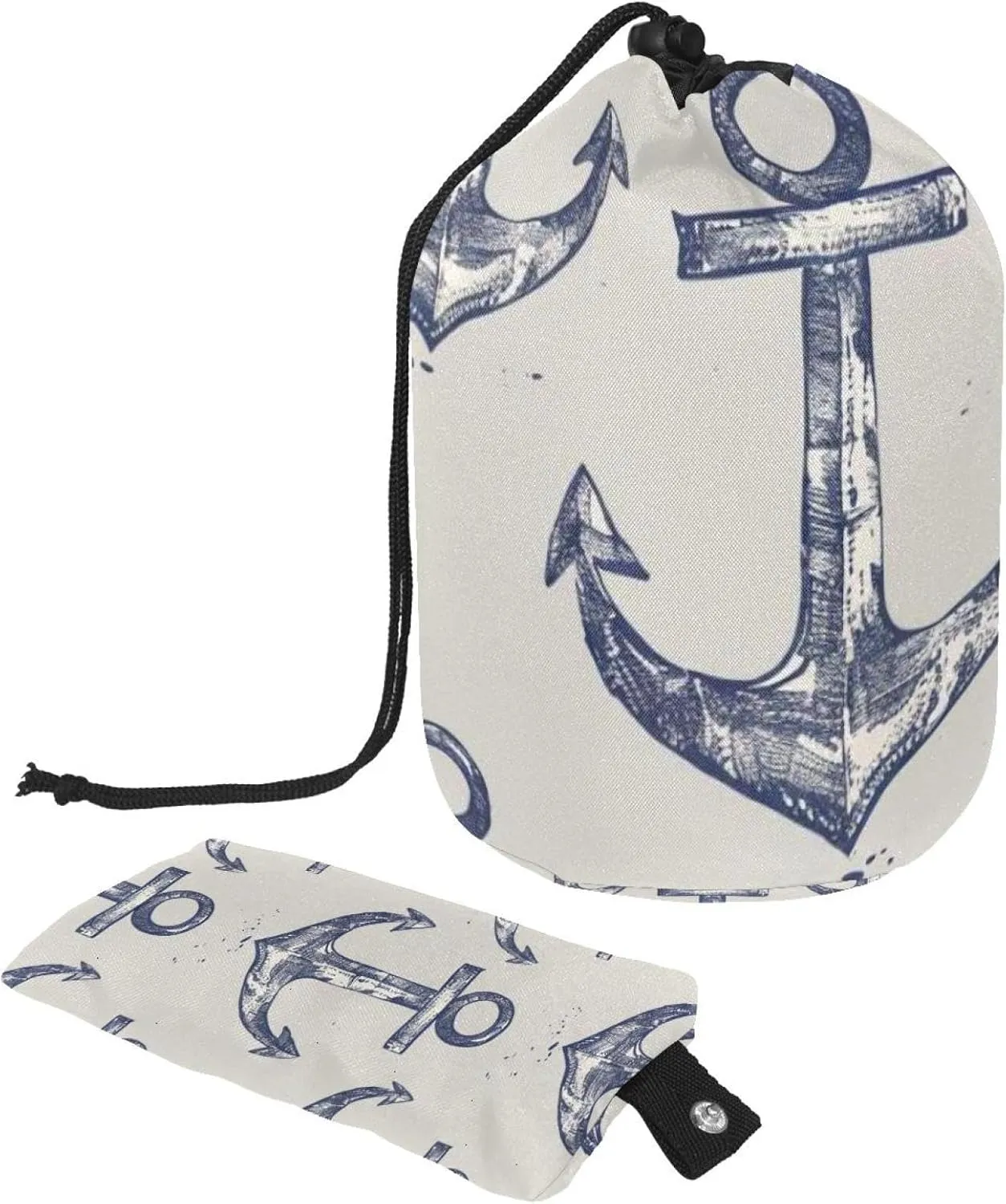 Grey Anchor Seamless Print Travel Cosmetic Bags Makeup Bag for Women, Foldable Drawstring Travel Cosmetic Bags, Portable Toiletry Bucket Bag