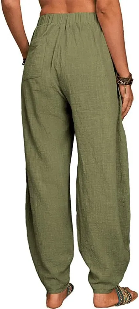 Guteidee Womens Cotton Blend Harem Beach Lightweight Tapered Baggy Pants Summer