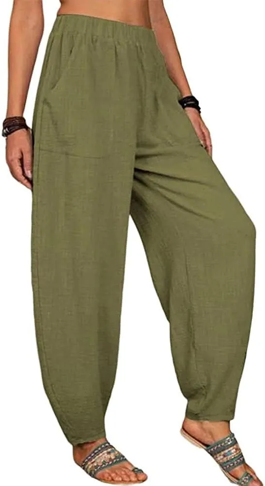 Guteidee Womens Cotton Blend Harem Beach Lightweight Tapered Baggy Pants Summer