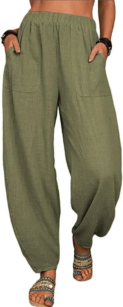 Guteidee Womens Cotton Blend Harem Beach Lightweight Tapered Baggy Pants Summer