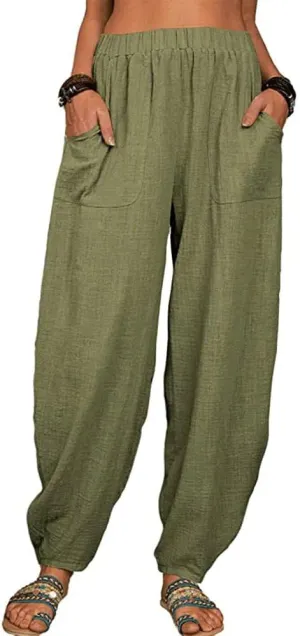 Guteidee Womens Cotton Blend Harem Beach Lightweight Tapered Baggy Pants Summer