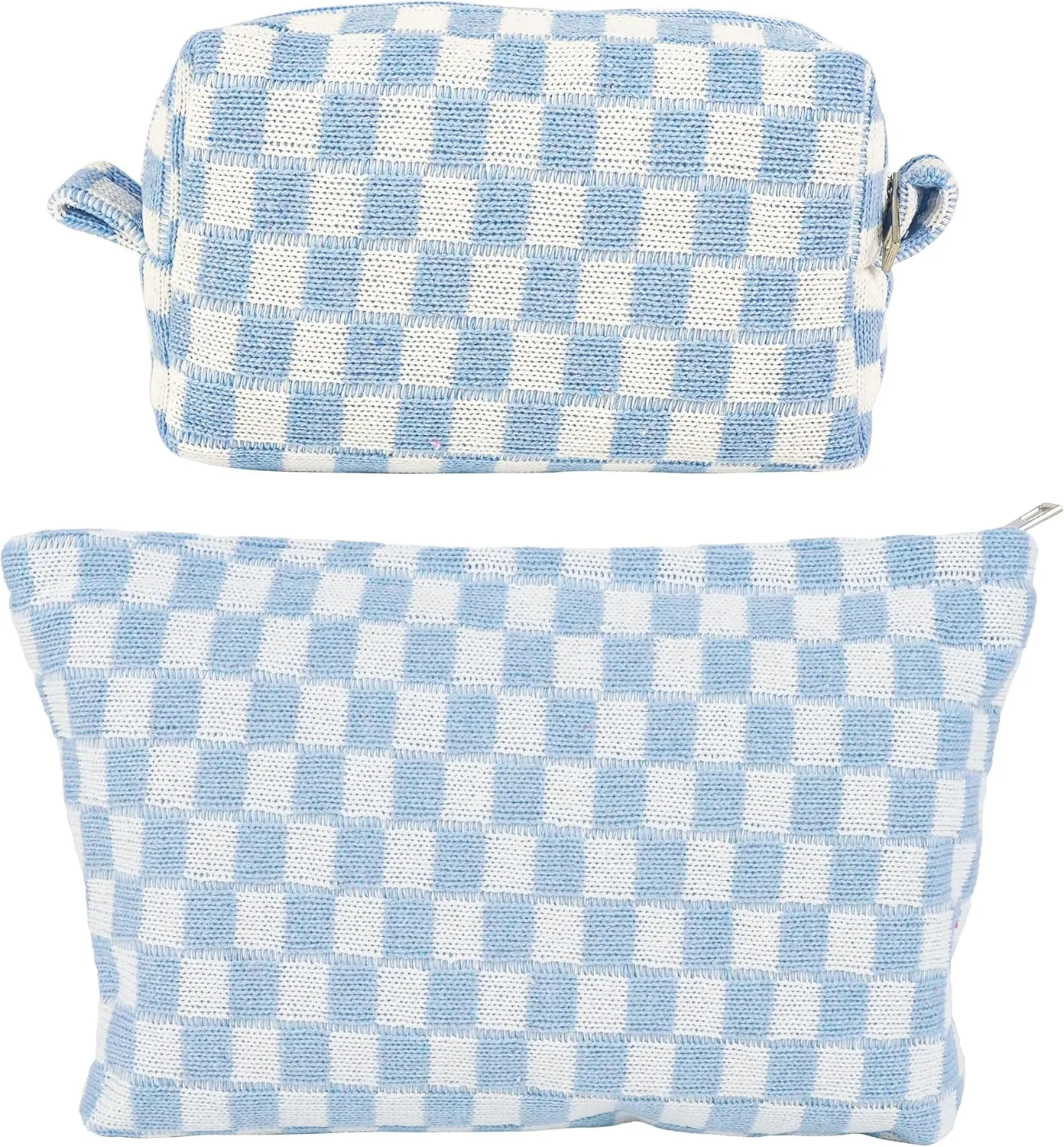 GUTGNK 2Pcs Makeup Bag For Women - Large Checkered Knitted Cosmetic Bags&Small Makeup Pouch Aesthetic Design Travel Toiletry Bag Skincare Bag Car Storage Bag With Zipper(Blue)