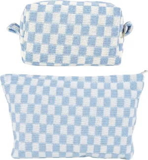 GUTGNK 2Pcs Makeup Bag For Women - Large Checkered Knitted Cosmetic Bags&Small Makeup Pouch Aesthetic Design Travel Toiletry Bag Skincare Bag Car Storage Bag With Zipper(Blue)