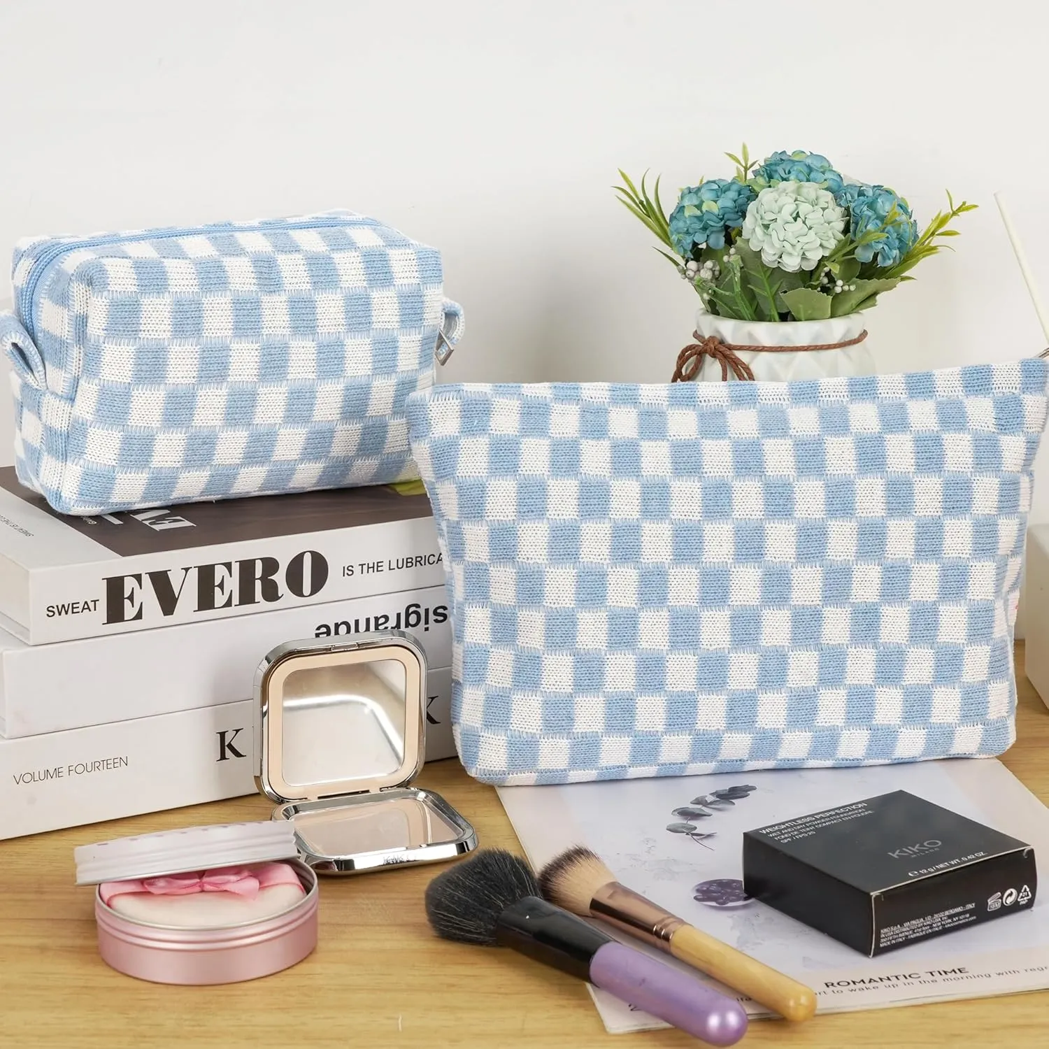 GUTGNK 2Pcs Makeup Bag For Women - Large Checkered Knitted Cosmetic Bags&Small Makeup Pouch Aesthetic Design Travel Toiletry Bag Skincare Bag Car Storage Bag With Zipper(Blue)