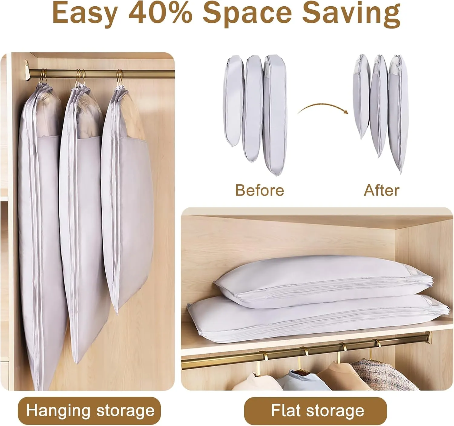 Hanging Garment Bags, Wardrobe Garment Covers with Zipper Dustproof Suit Bag, 40% Space Saving Self Compression Clothes Storage Bags for Down Jacket(Size:1105815cm)