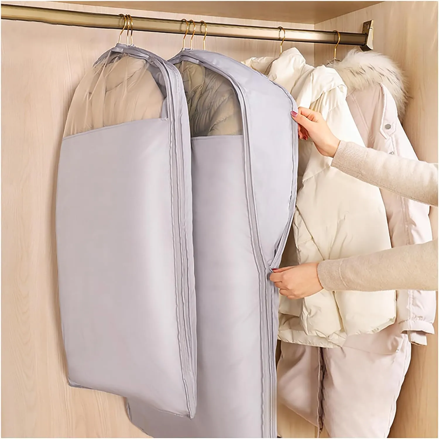 Hanging Garment Bags, Wardrobe Garment Covers with Zipper Dustproof Suit Bag, 40% Space Saving Self Compression Clothes Storage Bags for Down Jacket(Size:1105815cm)