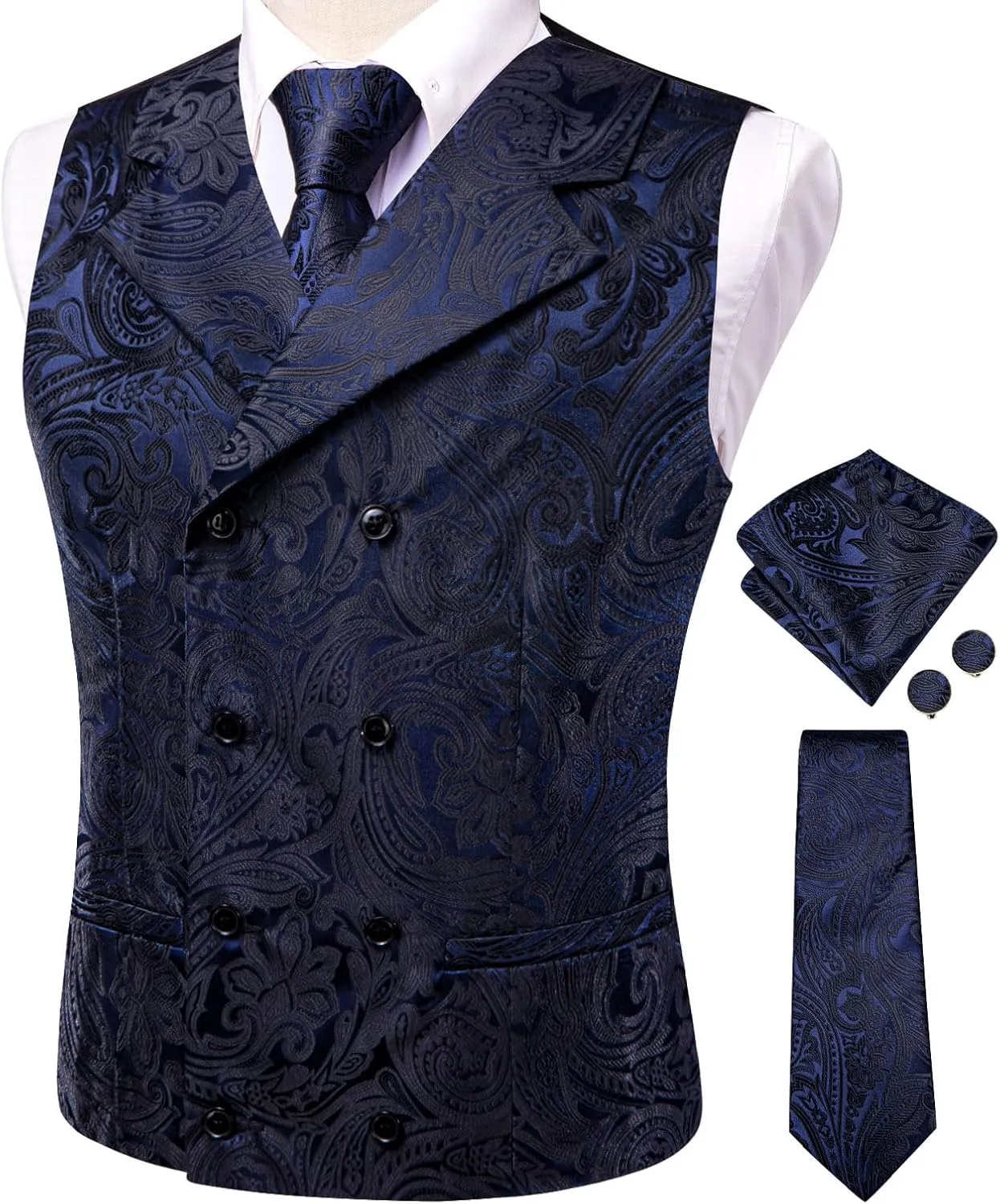 Hi-Tie Mens Silk Paisley Victorian Suit Vests Tie Set Lapel Pin Gold Tie Clip Double Breasted Steampunk Tuxedo Waistcoat