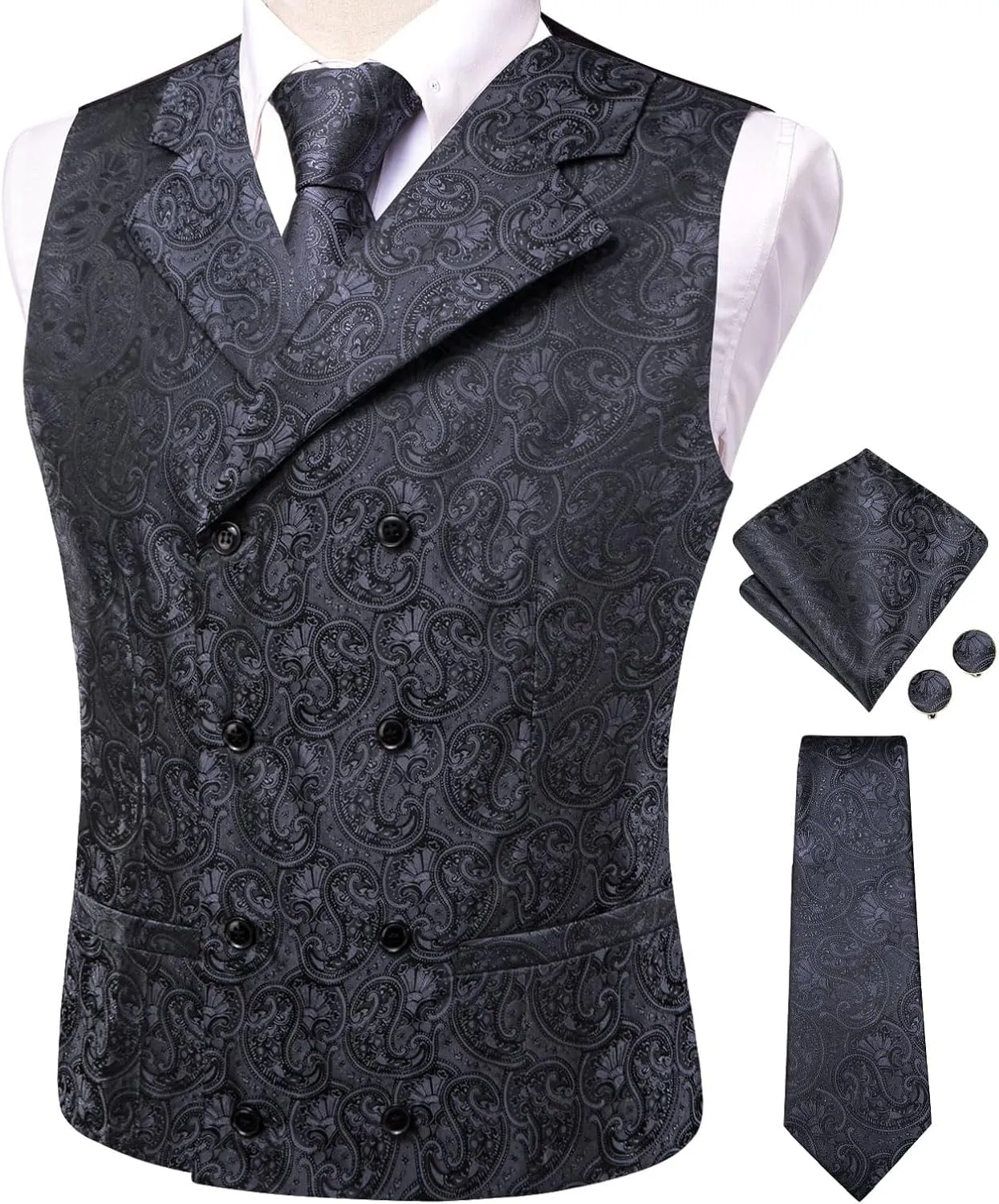 Hi-Tie Mens Silk Paisley Victorian Suit Vests Tie Set Lapel Pin Gold Tie Clip Double Breasted Steampunk Tuxedo Waistcoat