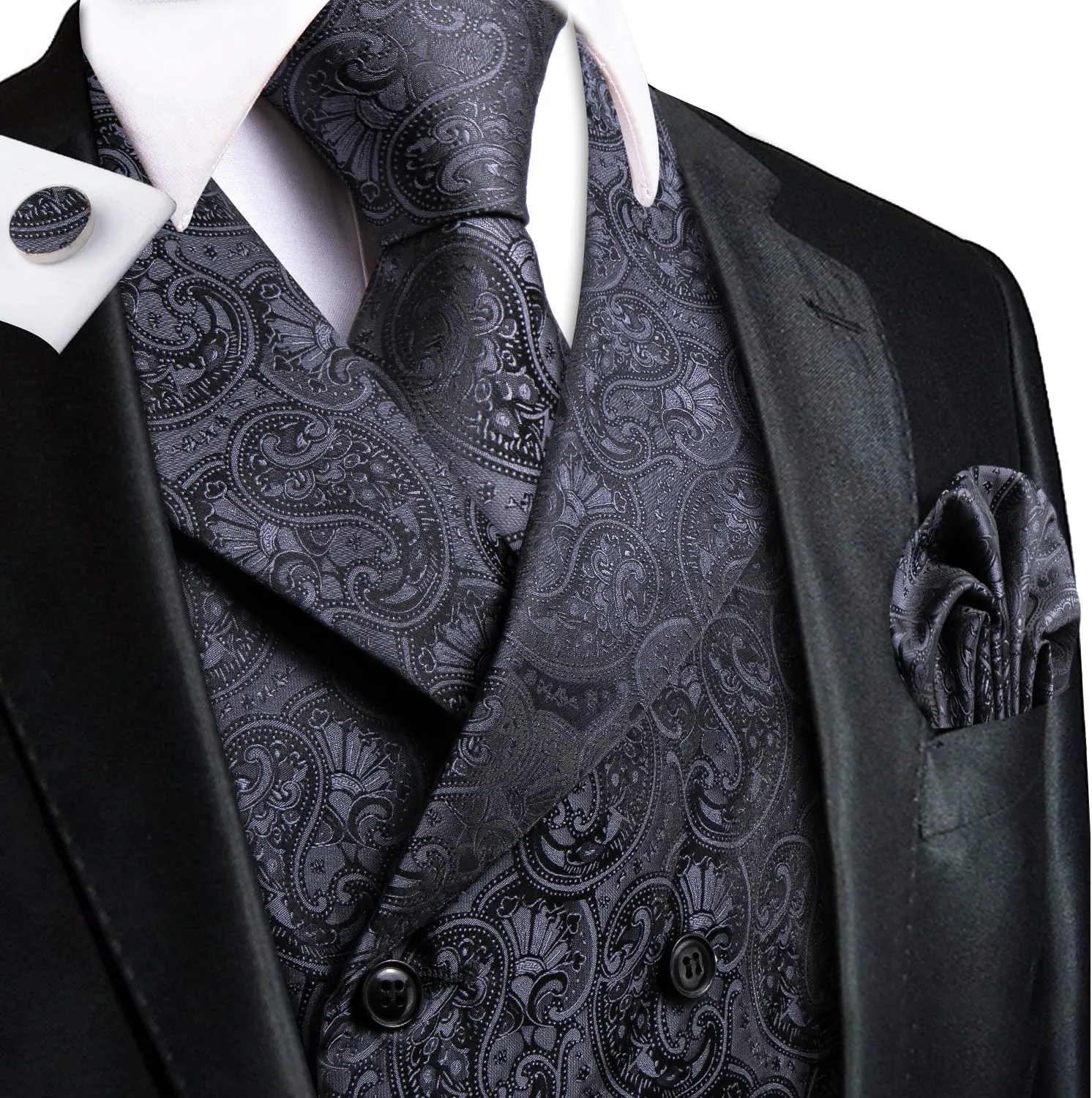 Hi-Tie Mens Silk Paisley Victorian Suit Vests Tie Set Lapel Pin Gold Tie Clip Double Breasted Steampunk Tuxedo Waistcoat
