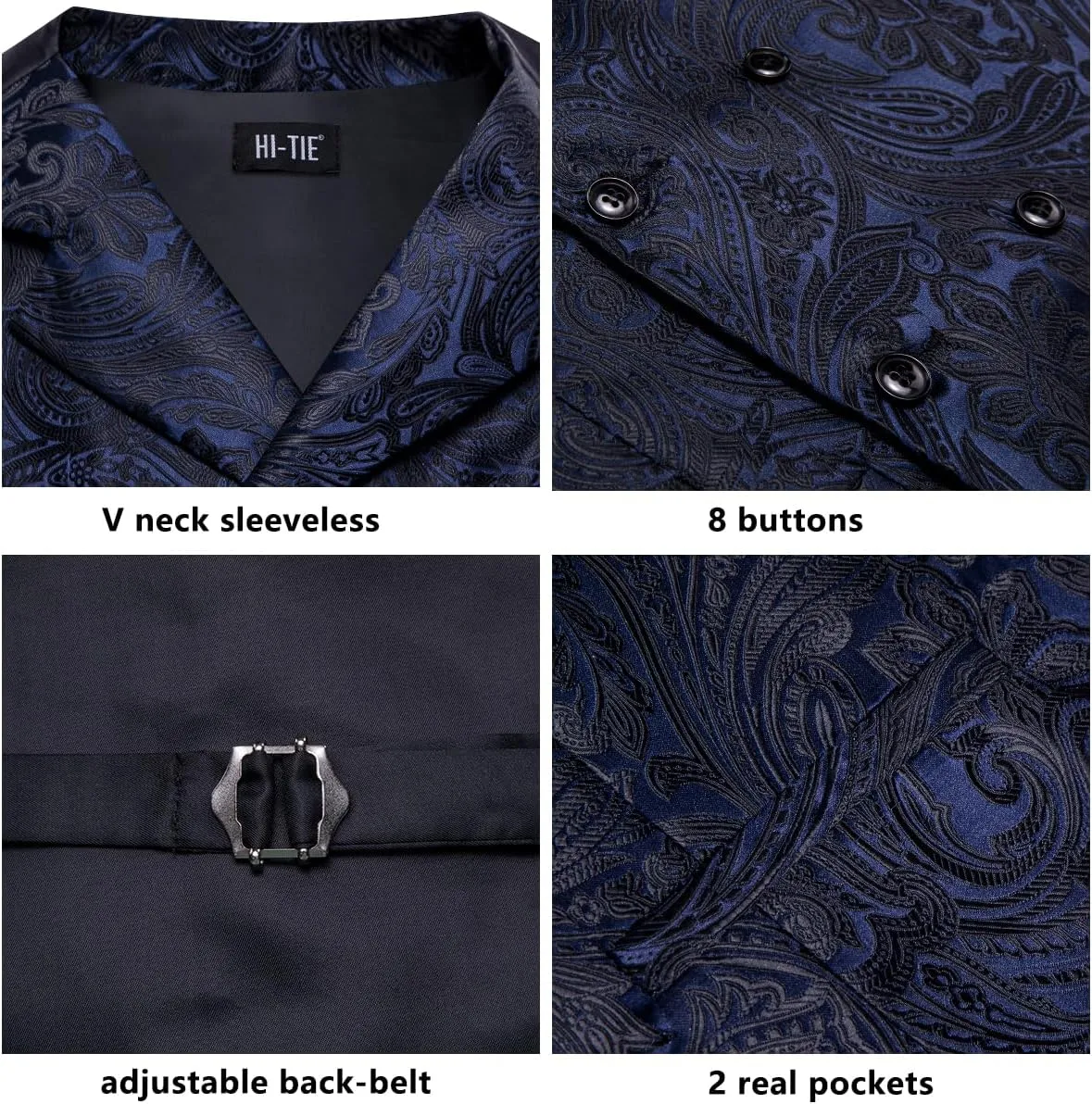 Hi-Tie Mens Silk Paisley Victorian Suit Vests Tie Set Lapel Pin Gold Tie Clip Double Breasted Steampunk Tuxedo Waistcoat