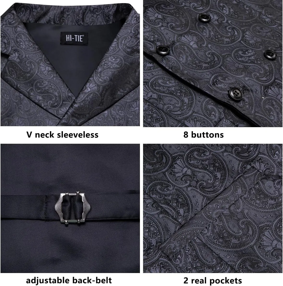 Hi-Tie Mens Silk Paisley Victorian Suit Vests Tie Set Lapel Pin Gold Tie Clip Double Breasted Steampunk Tuxedo Waistcoat