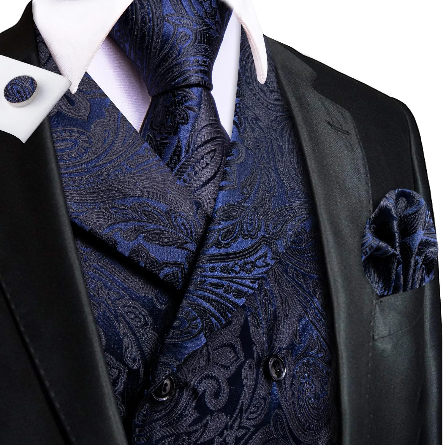 Hi-Tie Mens Silk Paisley Victorian Suit Vests Tie Set Lapel Pin Gold Tie Clip Double Breasted Steampunk Tuxedo Waistcoat