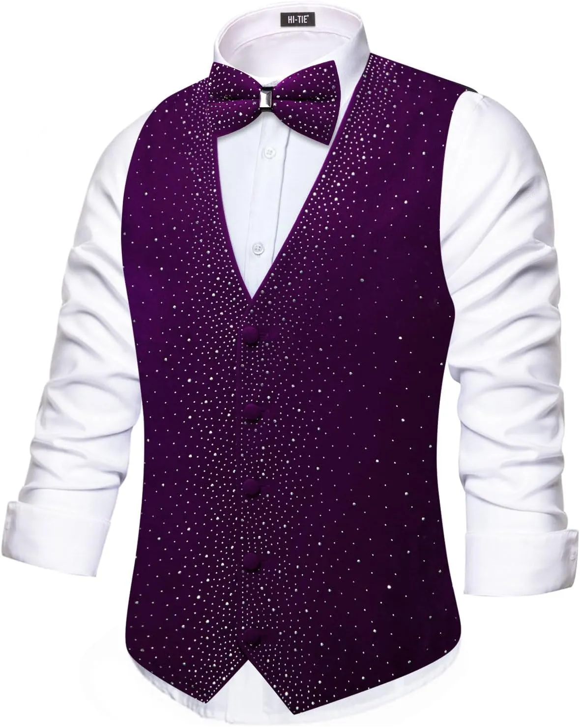 Hi-Tie Men's Sparkling Velvet Waistcoat Suit Vest and Bow Tie Set Tuxedo Vests Flower Lapel Pin for Wedding Party Performance