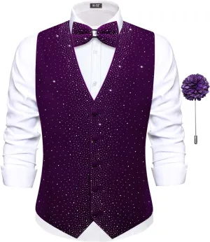 Hi-Tie Men's Sparkling Velvet Waistcoat Suit Vest and Bow Tie Set Tuxedo Vests Flower Lapel Pin for Wedding Party Performance