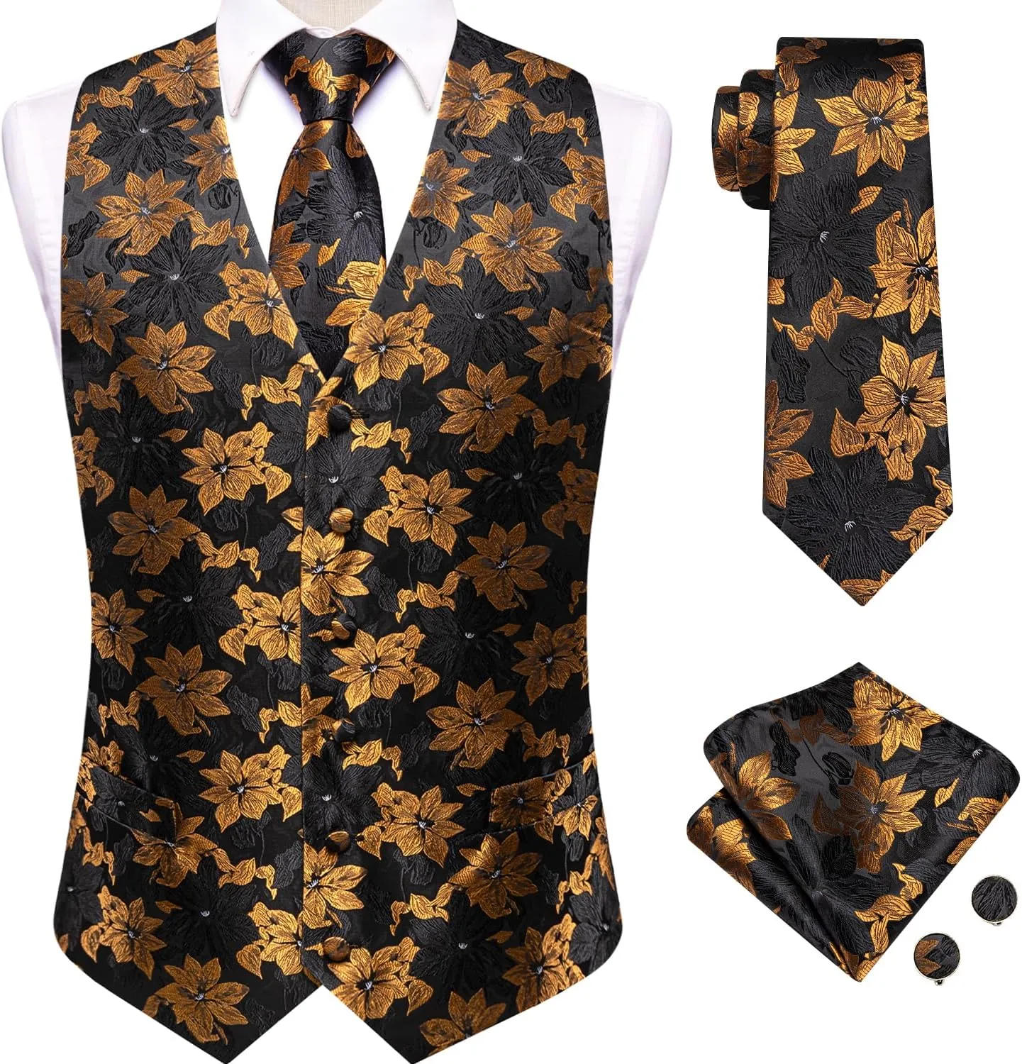 Hi-Tie Silk Mens Suit Vests and Tie Set Lapel Pin Gold Tie Clip Paisley Floral Casual Waistcoat Tuxedo Wedding Party Business