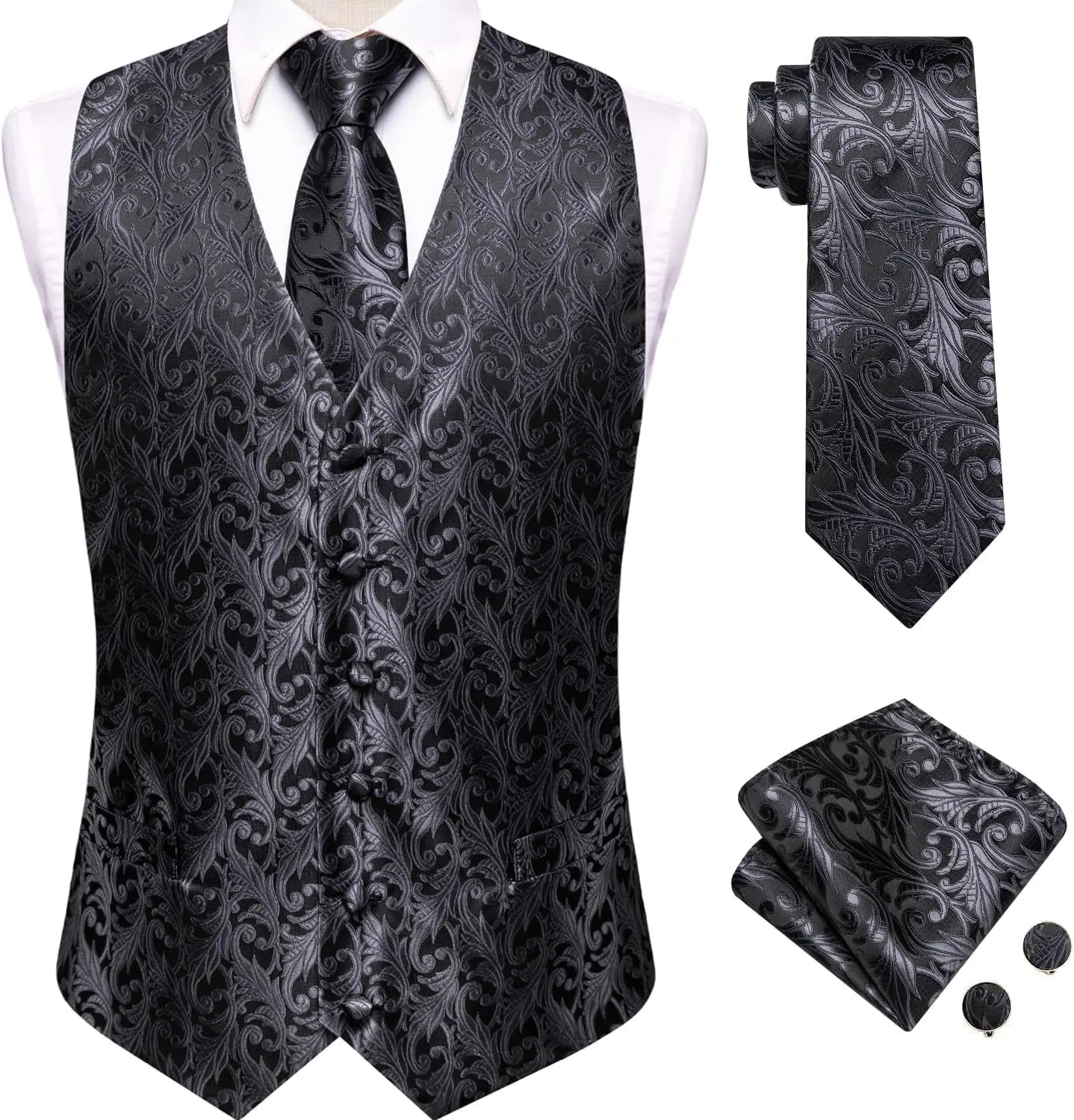 Hi-Tie Silk Mens Suit Vests and Tie Set Lapel Pin Gold Tie Clip Paisley Floral Casual Waistcoat Tuxedo Wedding Party Business