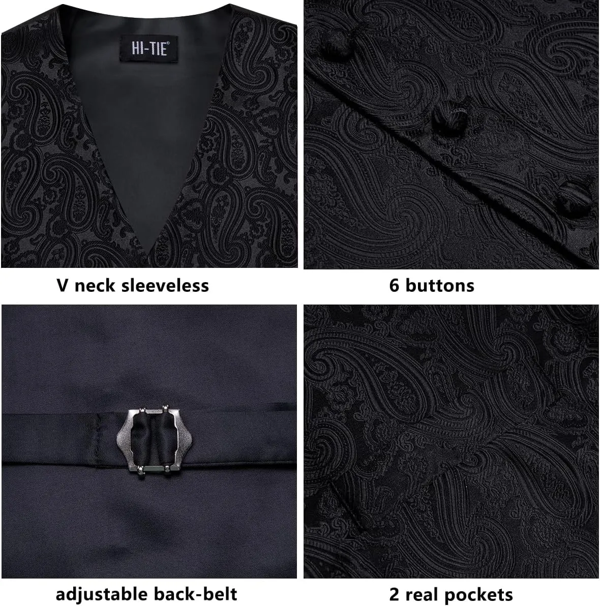 Hi-Tie Silk Mens Suit Vests and Tie Set Lapel Pin Gold Tie Clip Paisley Floral Casual Waistcoat Tuxedo Wedding Party Business