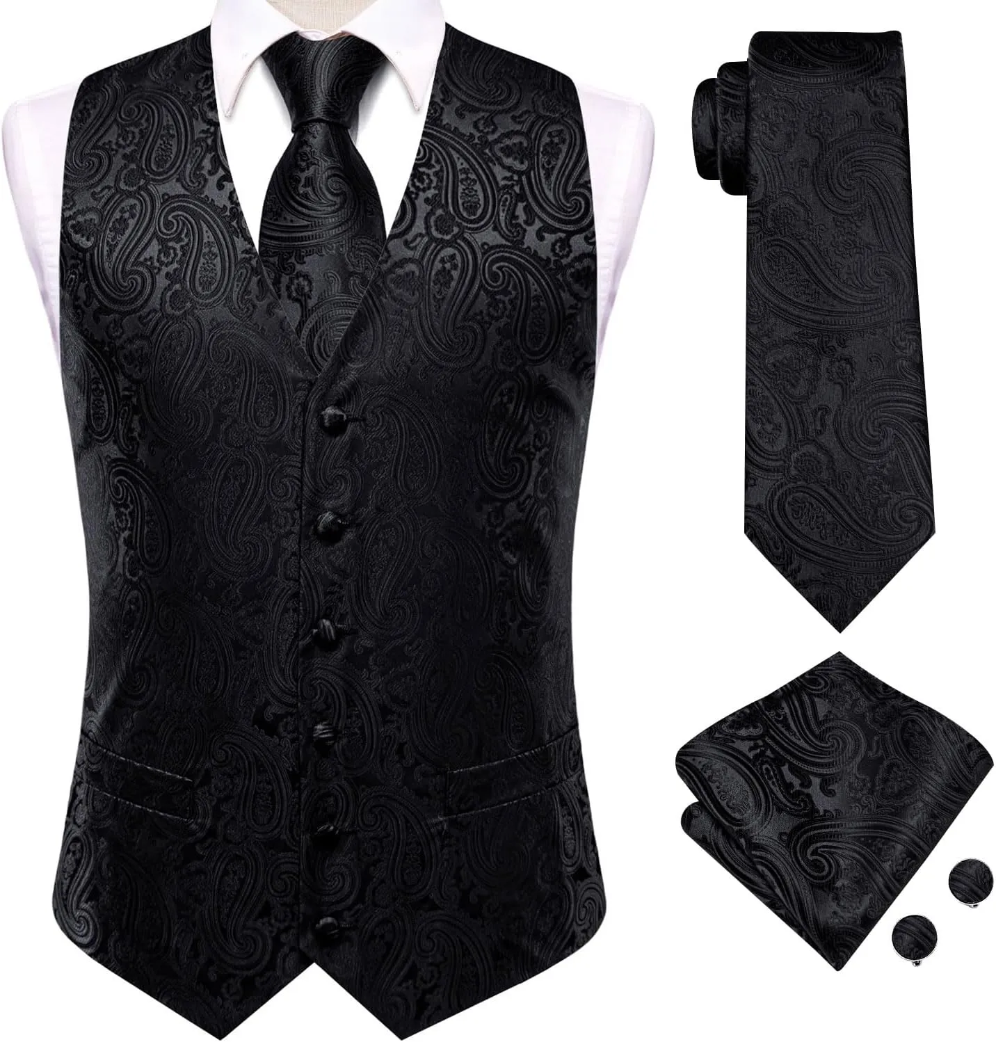 Hi-Tie Silk Mens Suit Vests and Tie Set Lapel Pin Gold Tie Clip Paisley Floral Casual Waistcoat Tuxedo Wedding Party Business