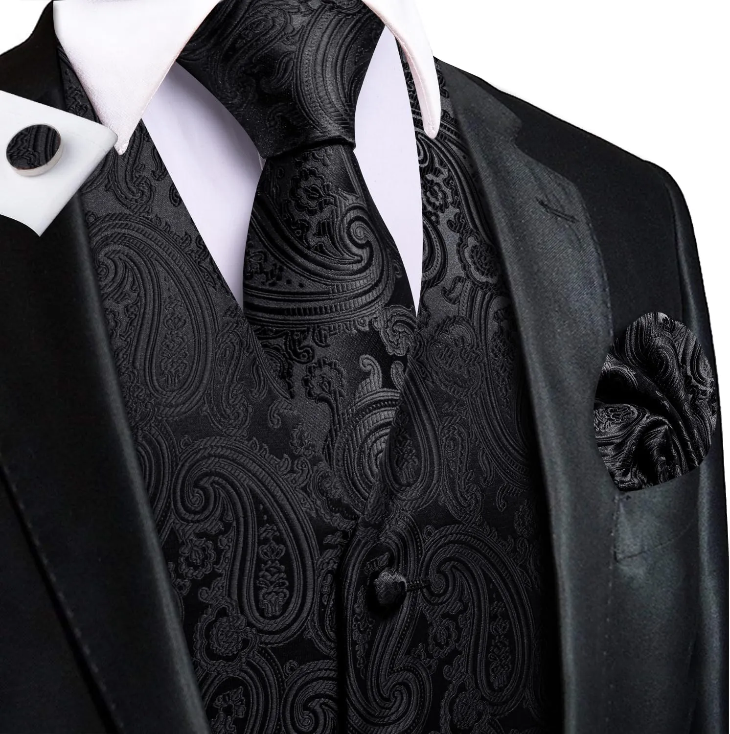 Hi-Tie Silk Mens Suit Vests and Tie Set Lapel Pin Gold Tie Clip Paisley Floral Casual Waistcoat Tuxedo Wedding Party Business