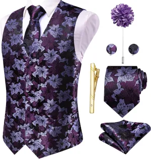 Hi-Tie Silk Mens Suit Vests and Tie Set Lapel Pin Gold Tie Clip Paisley Floral Casual Waistcoat Tuxedo Wedding Party Business
