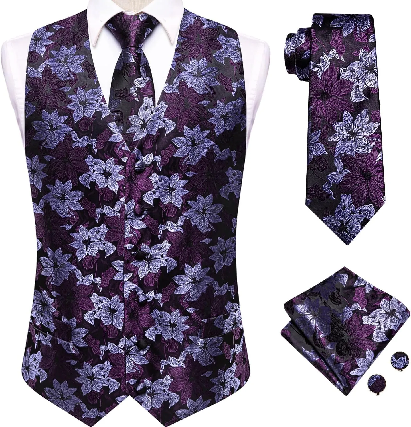 Hi-Tie Silk Mens Suit Vests and Tie Set Lapel Pin Gold Tie Clip Paisley Floral Casual Waistcoat Tuxedo Wedding Party Business