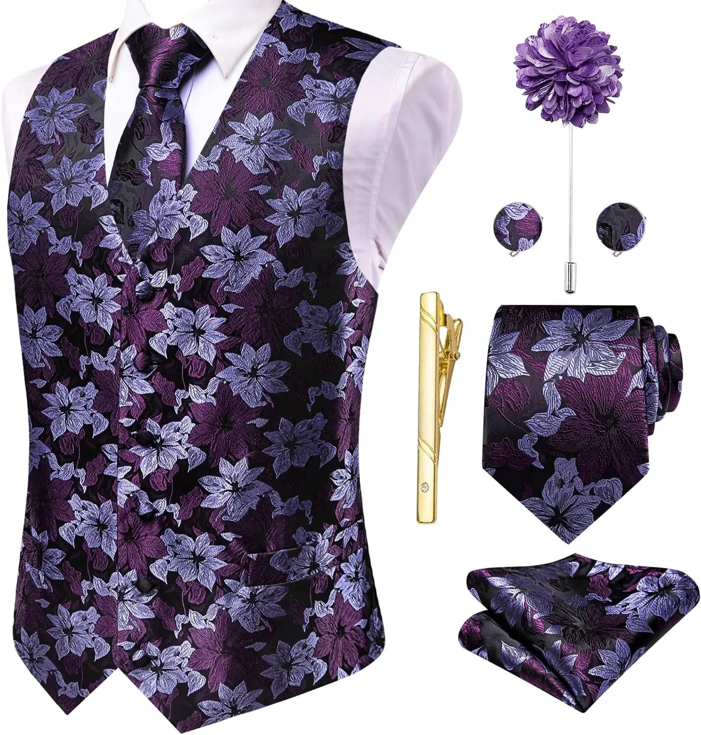 Hi-Tie Silk Mens Suit Vests and Tie Set Lapel Pin Gold Tie Clip Paisley Floral Casual Waistcoat Tuxedo Wedding Party Business