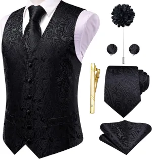 Hi-Tie Silk Mens Suit Vests and Tie Set Lapel Pin Gold Tie Clip Paisley Floral Casual Waistcoat Tuxedo Wedding Party Business