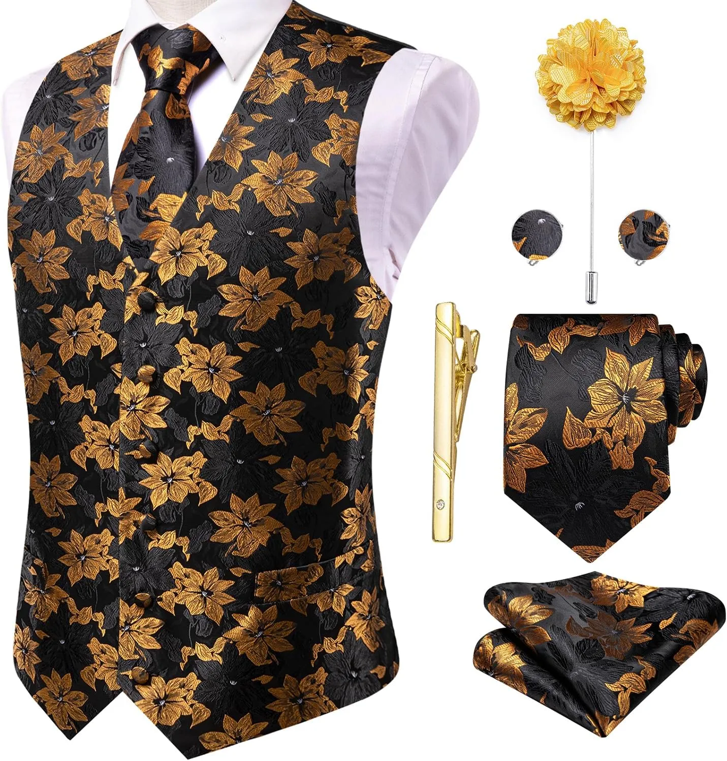 Hi-Tie Silk Mens Suit Vests and Tie Set Lapel Pin Gold Tie Clip Paisley Floral Casual Waistcoat Tuxedo Wedding Party Business