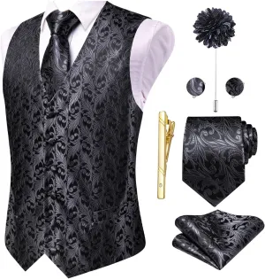 Hi-Tie Silk Mens Suit Vests and Tie Set Lapel Pin Gold Tie Clip Paisley Floral Casual Waistcoat Tuxedo Wedding Party Business