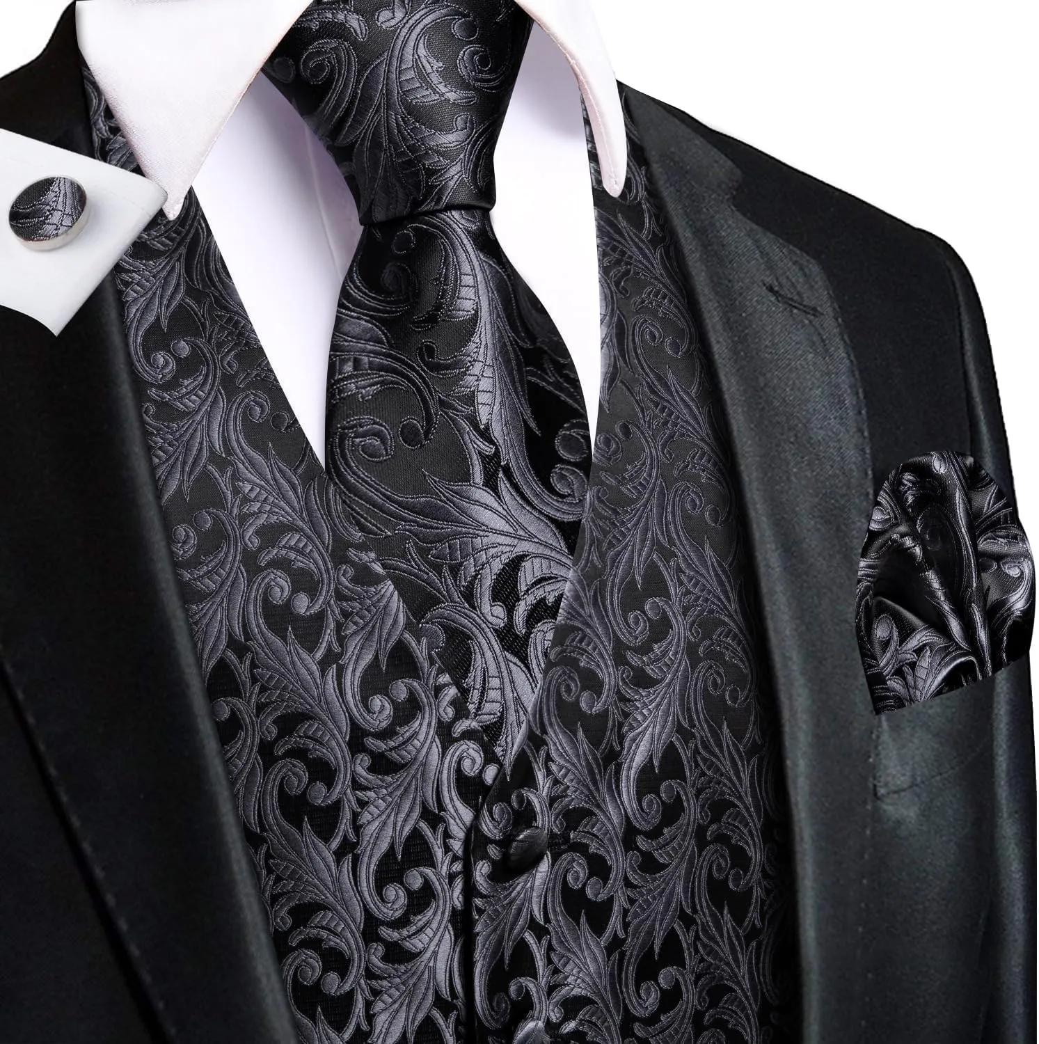 Hi-Tie Silk Mens Suit Vests and Tie Set Lapel Pin Gold Tie Clip Paisley Floral Casual Waistcoat Tuxedo Wedding Party Business