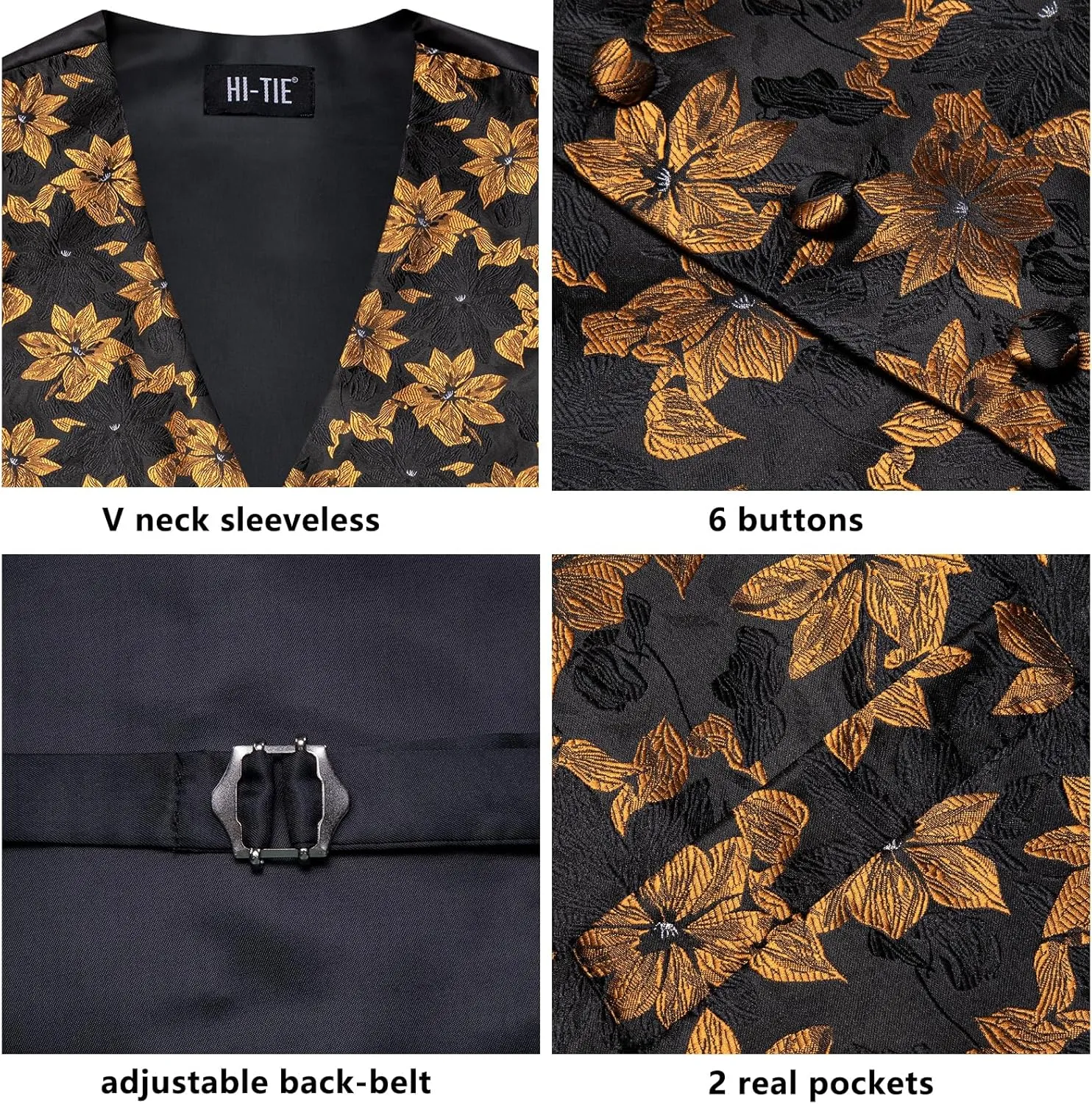 Hi-Tie Silk Mens Suit Vests and Tie Set Lapel Pin Gold Tie Clip Paisley Floral Casual Waistcoat Tuxedo Wedding Party Business