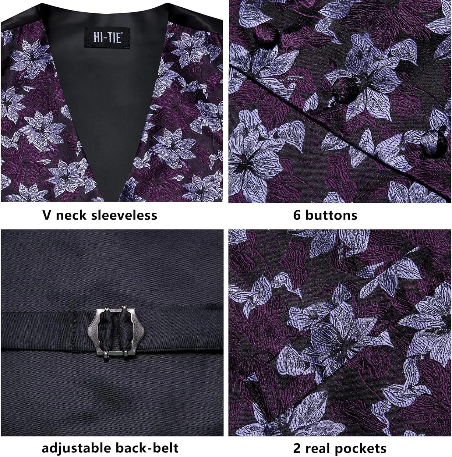 Hi-Tie Silk Mens Suit Vests and Tie Set Lapel Pin Gold Tie Clip Paisley Floral Casual Waistcoat Tuxedo Wedding Party Business