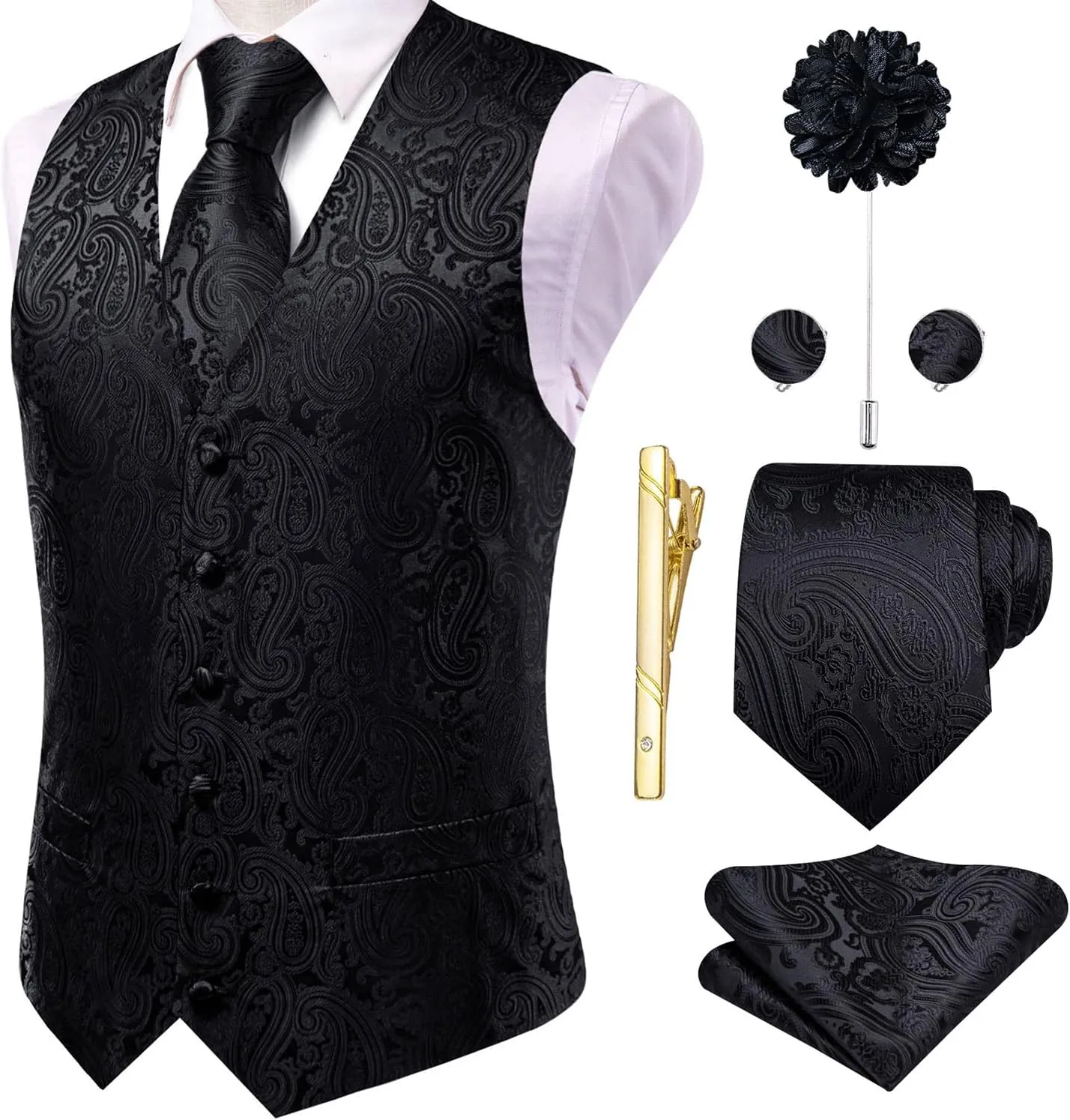 Hi-Tie Silk Mens Suit Vests and Tie Set Lapel Pin Gold Tie Clip Paisley Floral Casual Waistcoat Tuxedo Wedding Party Business