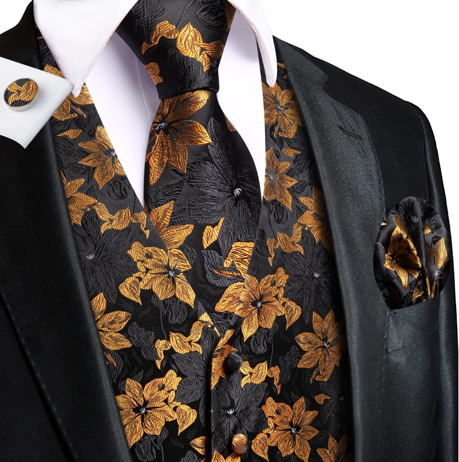Hi-Tie Silk Mens Suit Vests and Tie Set Lapel Pin Gold Tie Clip Paisley Floral Casual Waistcoat Tuxedo Wedding Party Business