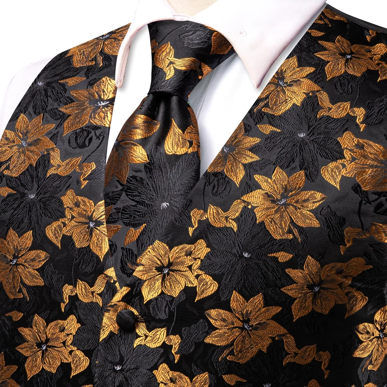 Hi-Tie Silk Mens Suit Vests and Tie Set Lapel Pin Gold Tie Clip Paisley Floral Casual Waistcoat Tuxedo Wedding Party Business