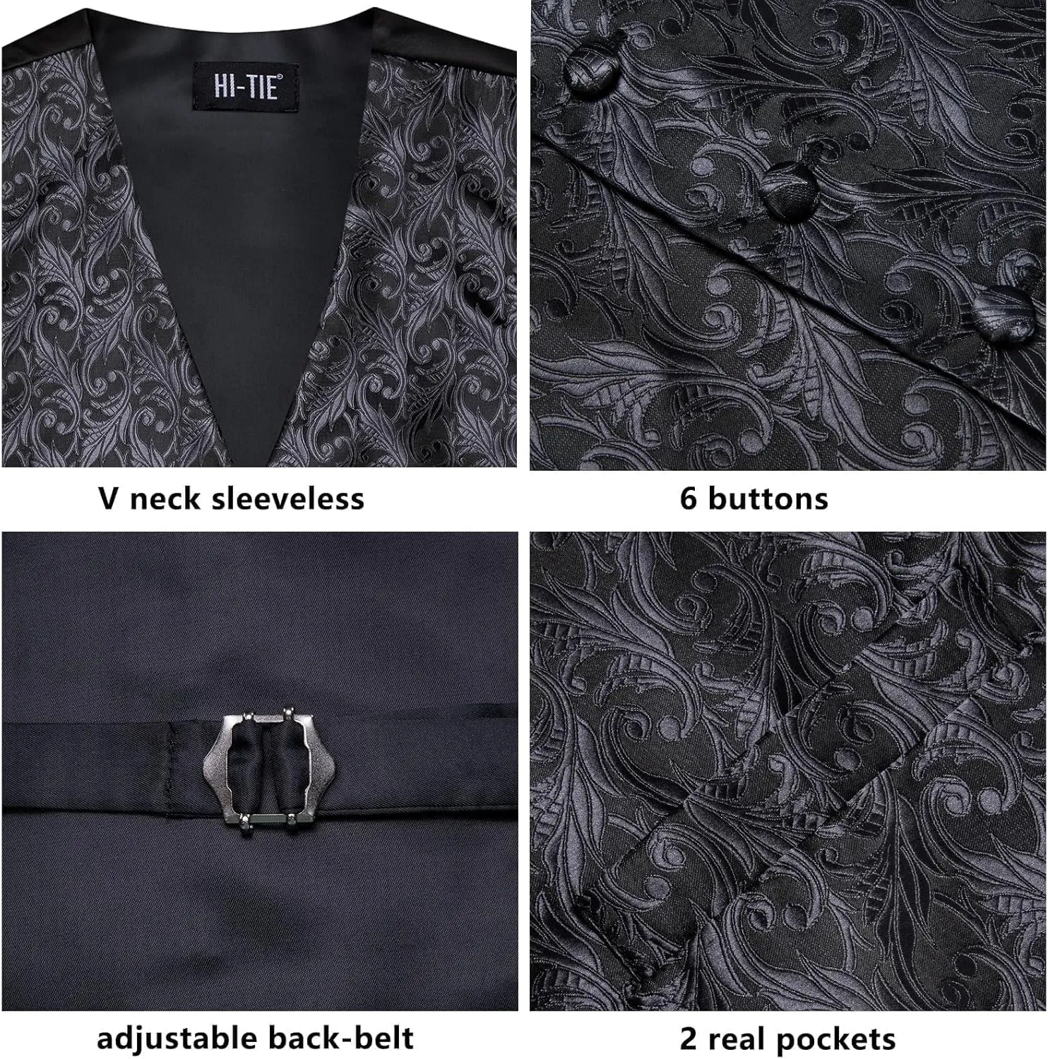 Hi-Tie Silk Mens Suit Vests and Tie Set Lapel Pin Gold Tie Clip Paisley Floral Casual Waistcoat Tuxedo Wedding Party Business