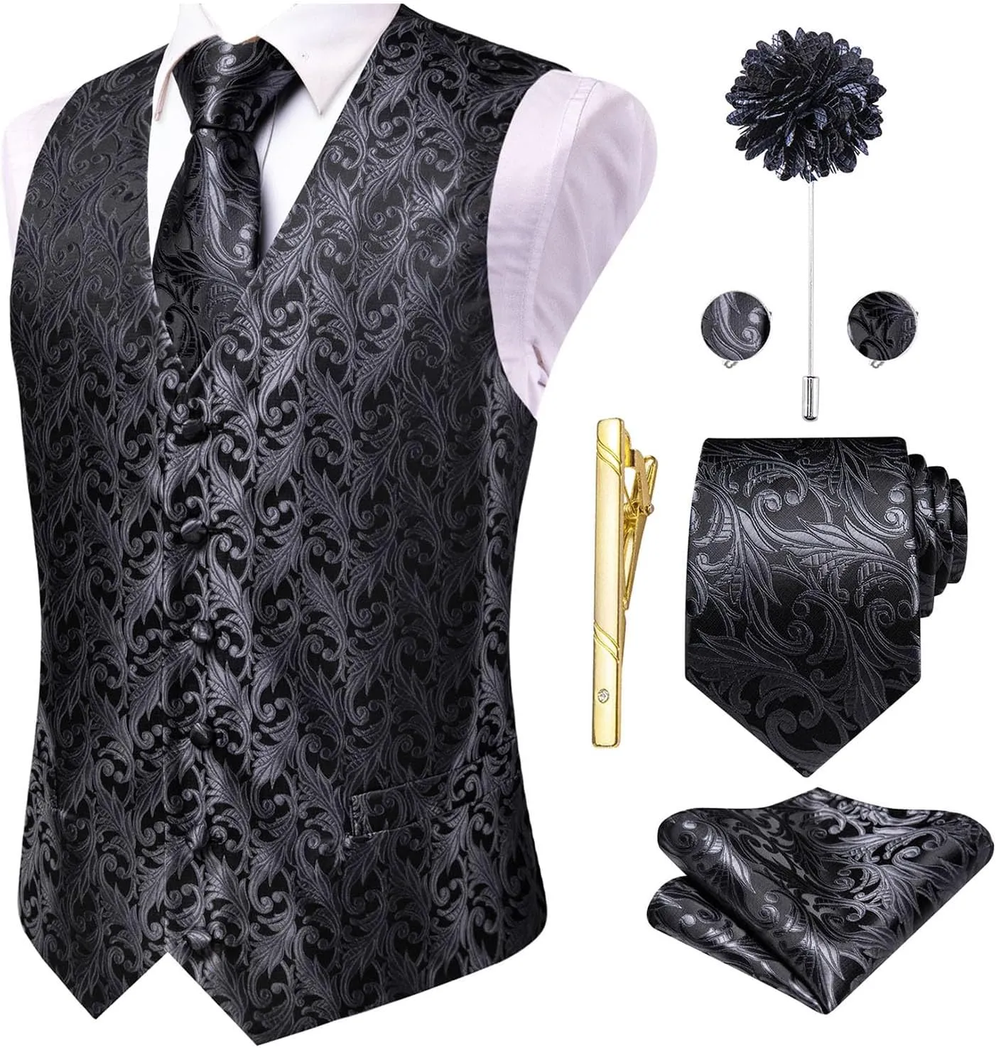 Hi-Tie Silk Mens Suit Vests and Tie Set Lapel Pin Gold Tie Clip Paisley Floral Casual Waistcoat Tuxedo Wedding Party Business