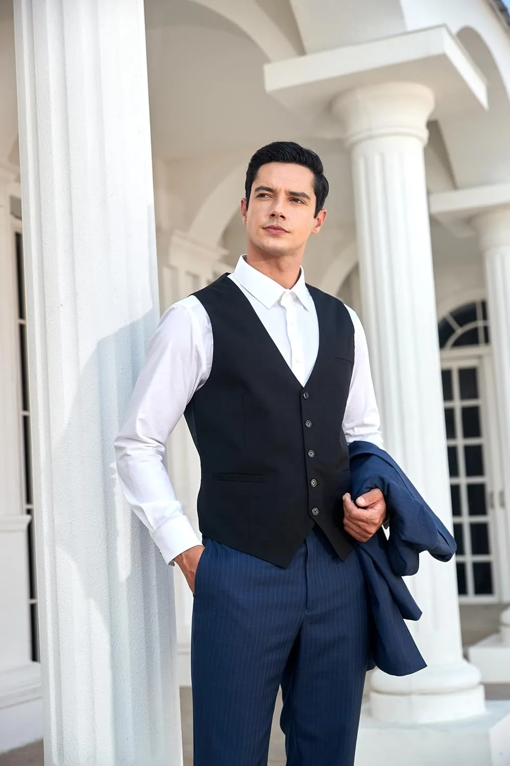 HISDERN Men's Suit Vest Business Suit Vests for Men Formal Slim Fit Solid Wedding Dress Waistcoat for V-Neck Tuxedo Vest