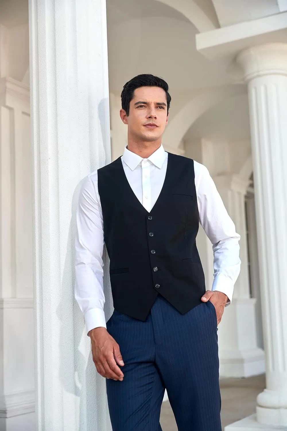 HISDERN Men's Suit Vest Business Suit Vests for Men Formal Slim Fit Solid Wedding Dress Waistcoat for V-Neck Tuxedo Vest