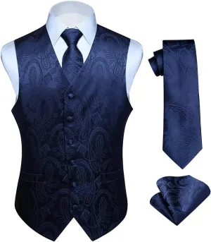 HISDERN Mens Vest Tie Set 3PC Formal Waistcoat Paisley Floral Jacquard Necktie Pocket Square Suit Vests Wedding Party
