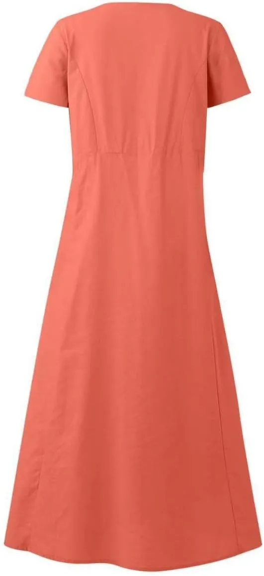 hlysgo Summer Dresses for Women 2025 Casual Cotton Linen Short Sleeve Midi Dress Flowy Beach Vacation Dress with Pockets