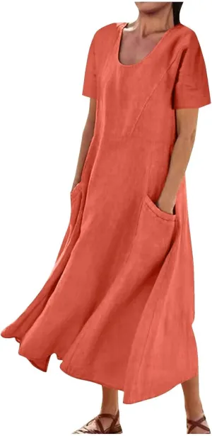 hlysgo Summer Dresses for Women 2025 Casual Cotton Linen Short Sleeve Midi Dress Flowy Beach Vacation Dress with Pockets