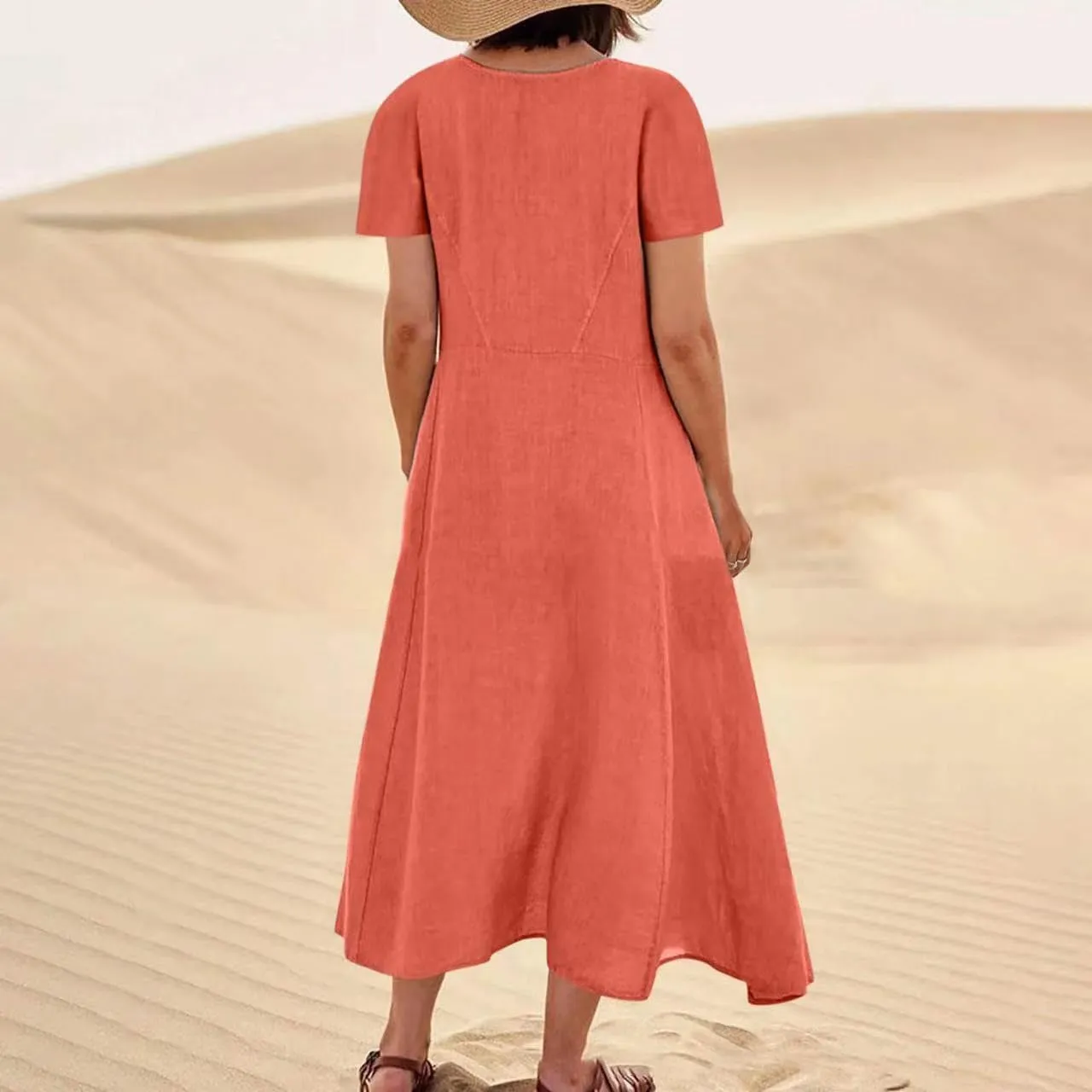 hlysgo Summer Dresses for Women 2025 Casual Cotton Linen Short Sleeve Midi Dress Flowy Beach Vacation Dress with Pockets